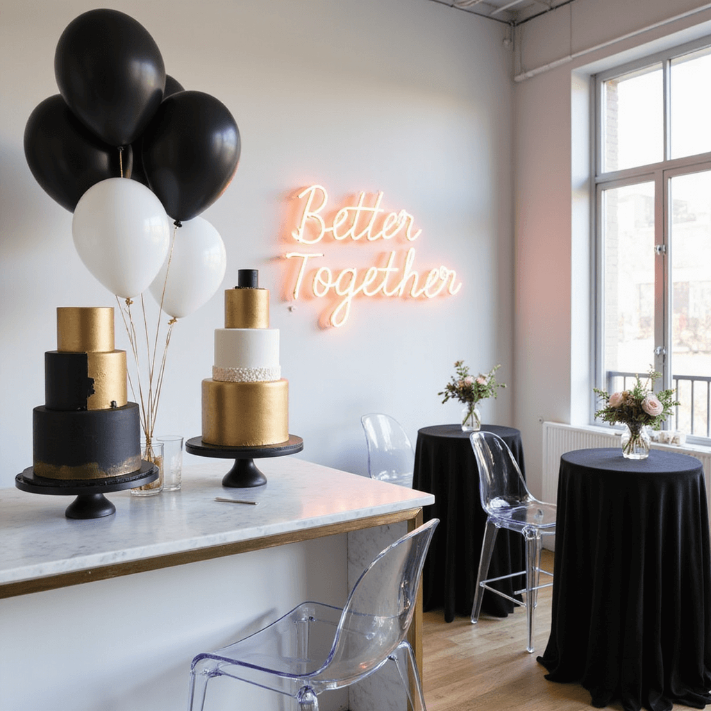 Delightful Anniversary Cakes: Your Ultimate Guide to Celebrating Love A modern apartment styled for an anniversary cocktail party, featuring a marble countertop with geometric cakes in gold, black, and white, acrylic ghost chairs, velvet-lined cocktail tables, a neon sign reading 'Better Together,' and clusters of black balloons and metallic streamers against a minimalist backdrop.
