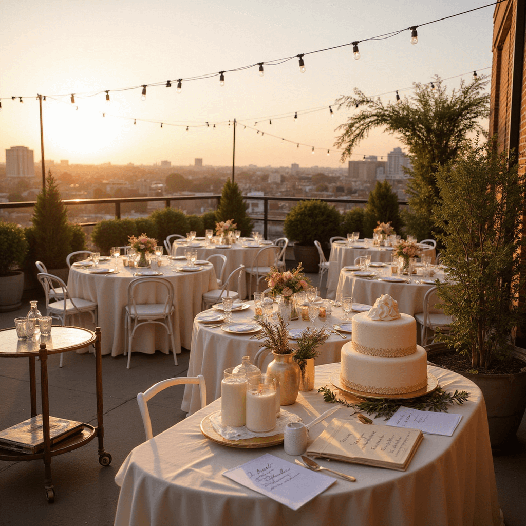 Celebrating Your First Year of Marriage: A Heartfelt Guide to the Paper Anniversary A wide-angle shot of a sunlit rooftop terrace set for an intimate first anniversary celebration, featuring round tables with ivory silk linens, gold chargers, delicate paper flowers, soft string lights, and candles. A dessert cart displays a two-tier white and gold cake surrounded by handwritten love notes, while a vintage writing desk showcases framed wedding vows and a custom photo book. The cityscape backdrop shimmers in the warm glow of the setting sun.