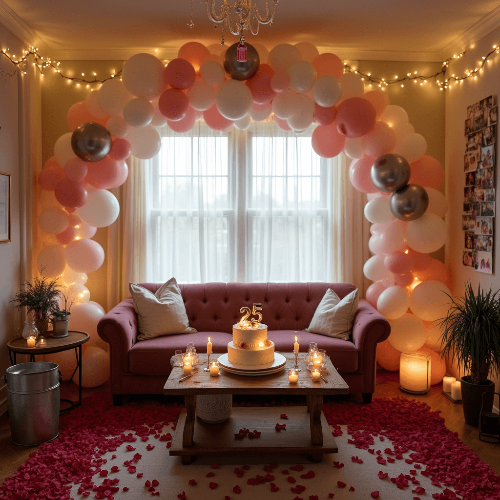 Romantic Anniversary Decoration Ideas That Will Make Your Heart Melt A romantic anniversary living room adorned with red rose petals, a plush velvet loveseat, balloon arch, twinkling fairy lights, flickering candles, a tiered cake with '25' toppers, champagne flutes, and photos of the couple's journey.