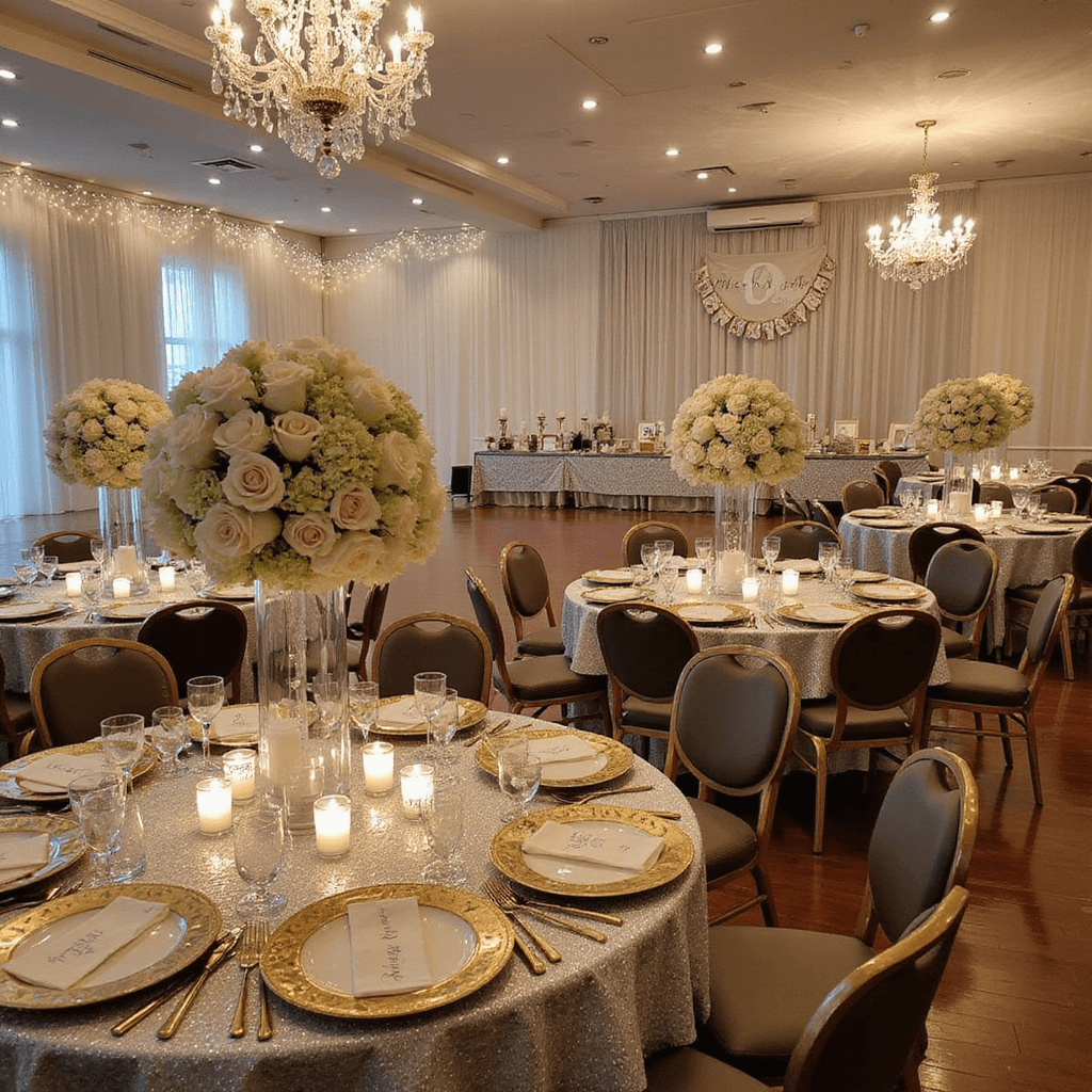Romantic Anniversary Decoration Ideas That Will Make Your Heart Melt An elegant ballroom set for a milestone anniversary dinner, featuring round tables with silver sequin tablecloths, white rose and hydrangea centerpieces, floating candles, gold-rimmed plates, calligraphed name cards, and etched wine glasses, with a memory lane table of framed photos and a 'Celebrating 50 Years' banner draped in soft tulle and fairy lights.