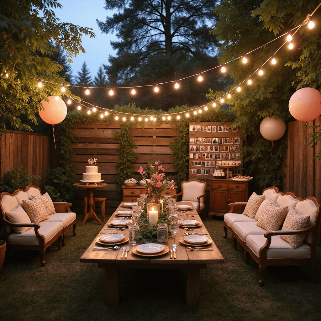 Romantic Anniversary Decoration Ideas That Will Make Your Heart Melt A whimsical backyard anniversary celebration at twilight featuring market lights, vintage furniture, a central feasting table with mix-and-match china and greenery, clusters of blush pink and cream balloons, a DIY photo wall showcasing polaroids, a bar cart with mason jar cocktails, and a rustic dessert table with a naked cake.