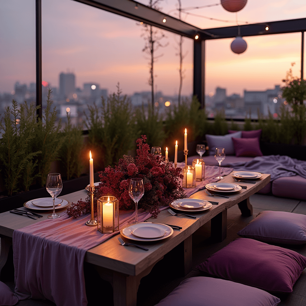 Romantic Anniversary Decoration Ideas That Will Make Your Heart Melt An intimate rooftop terrace dinner for two at sunset, featuring a low table with a gauzy runner, plush floor cushions in jewel tones, gold-rimmed plates, crystal glassware, and black cutlery, adorned with a lush floral centerpiece and taper candles, surrounded by swaying paper lanterns and a cozy lounge area with throws and hurricane lamps.