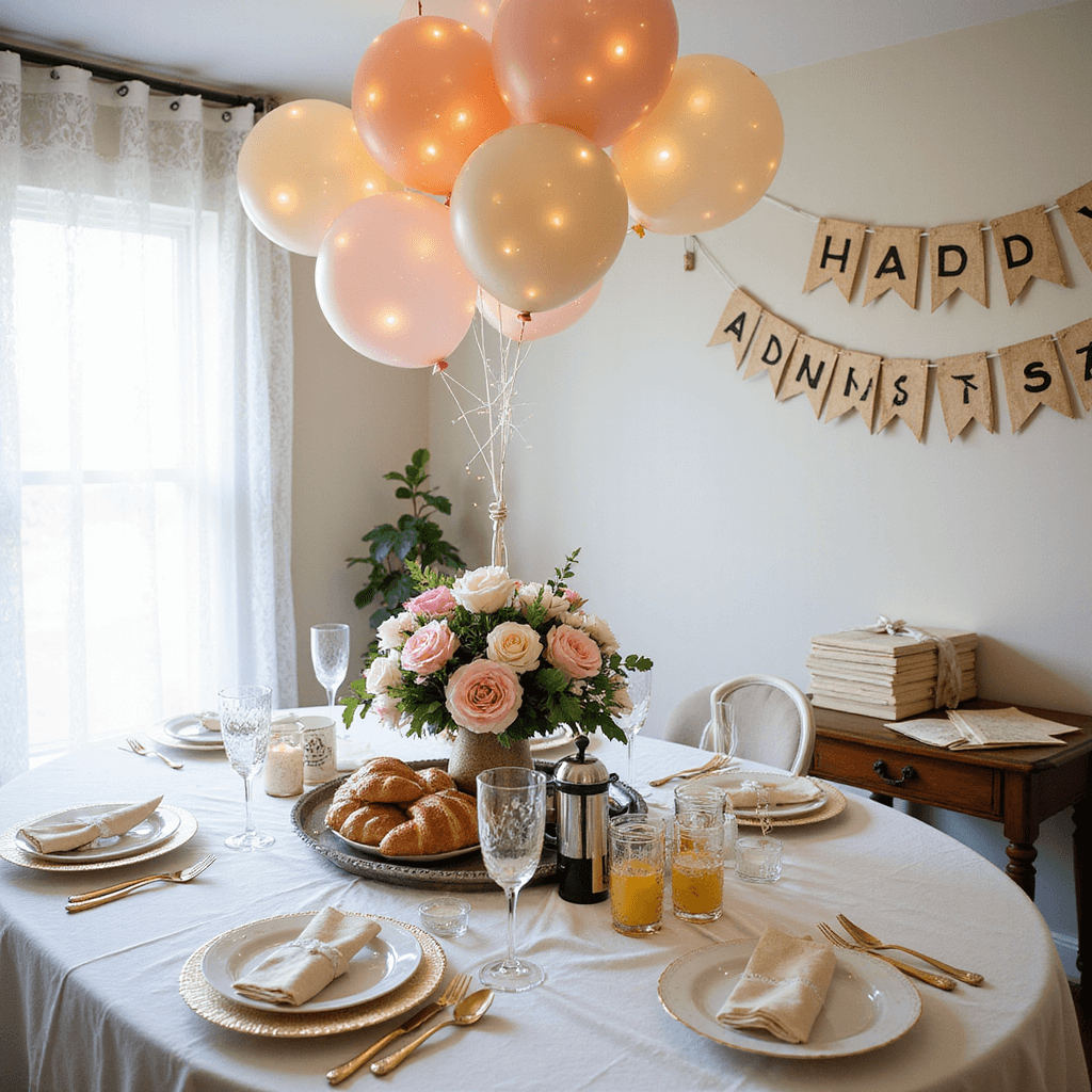 Romantic Anniversary Decoration Ideas That Will Make Your Heart Melt A charming breakfast nook transformed for an anniversary, featuring a white linen-draped table with croissants, a French press, and a bouquet of pastel roses. Ethereal balloons hang above, while gold-rimmed place settings and a 'Happy Anniversary' banner create a romantic ambiance.