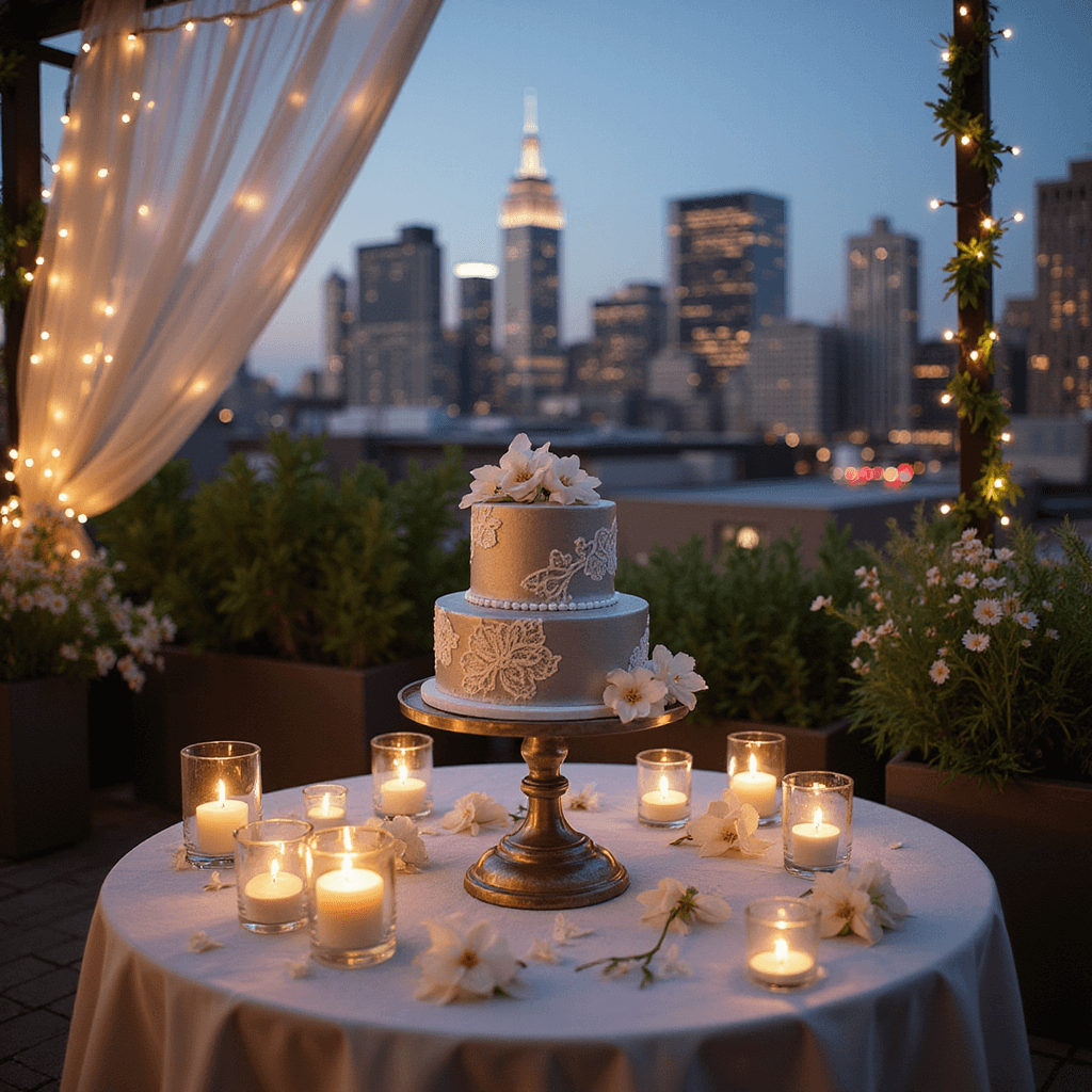 25th Anniversary Cake: Your Ultimate Styling and Photography Guide A romantic rooftop terrace adorned with fairy lights and lanterns for a silver anniversary, featuring a metallic silver cake on an antique pedestal, surrounded by mercury glass votives and white orchids, with the city skyline at dusk in the background.