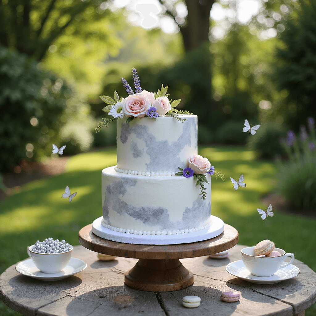 25th Anniversary Cake: Your Ultimate Styling and Photography Guide A whimsical 25th anniversary cake celebration in a sun-dappled garden featuring a two-tiered watercolor cake adorned with roses and lavender, vintage teacups, pastel macarons, and delicate silver butterflies.