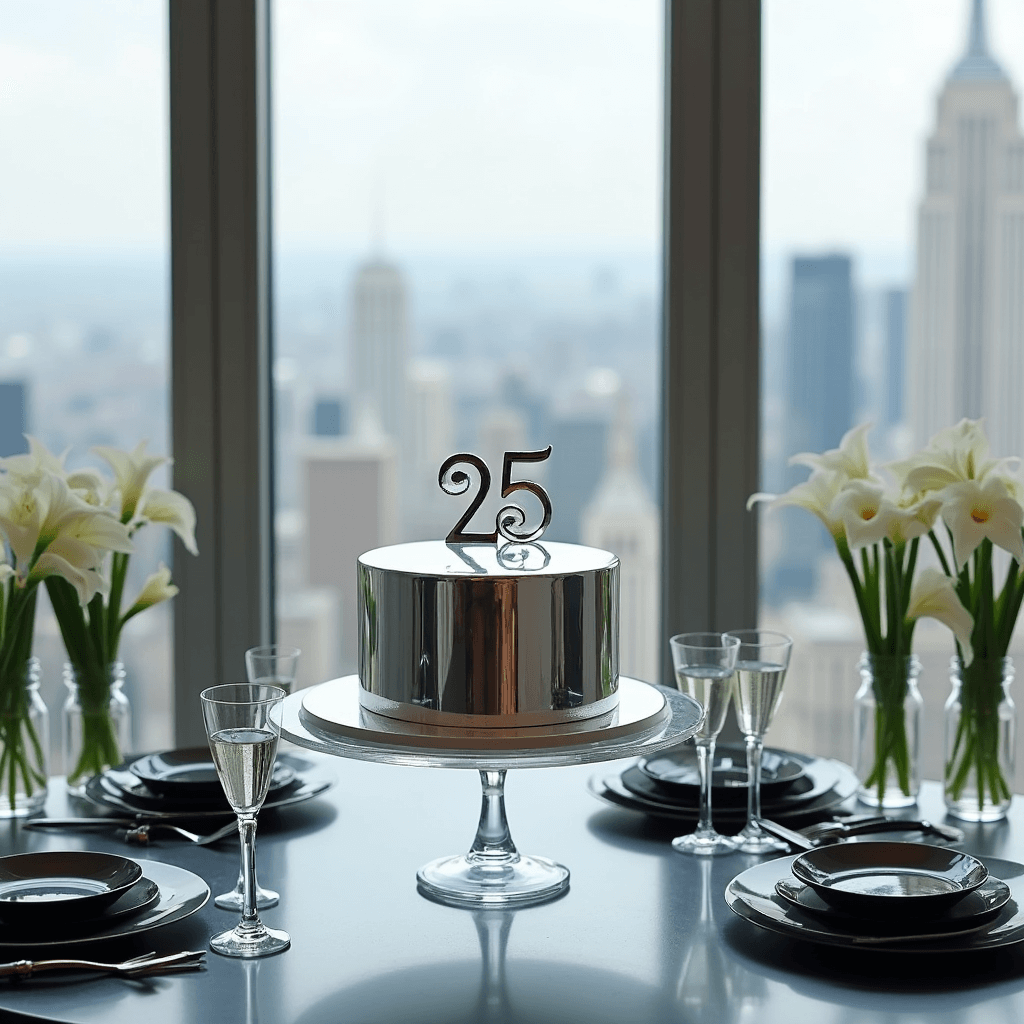 25th Anniversary Cake: Your Ultimate Styling and Photography Guide A modern apartment setting featuring a sleek anniversary celebration with a mirror-glazed silver cake topped with a geometric '25', surrounded by a minimalist tablescape of black plates, crystal flutes, and white calla lilies in silver vases, against a backdrop of floor-to-ceiling windows showcasing a city view.