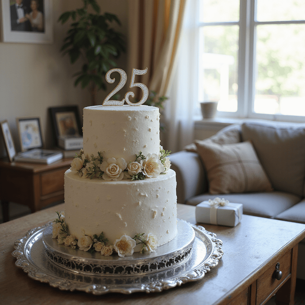 25th Anniversary Cake: Your Ultimate Styling and Photography Guide A cozy living room with soft afternoon light showcasing a two-tiered silver anniversary cake adorned with edible flowers and a wedding topper, displayed on a silver tray surrounded by framed photos and silver gifts.