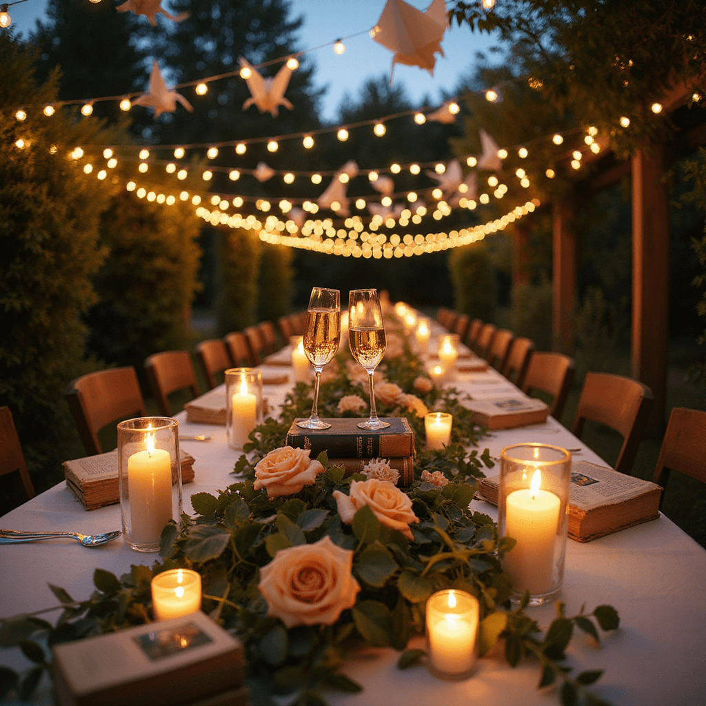 Capturing the Magic: Your Ultimate One-Year Anniversary Celebration Guide A close-up of two champagne flutes clinking together, surrounded by a blurred enchanting garden setting at twilight, adorned with candles, greenery, and peach roses, with paper cranes and fairy lights overhead.
