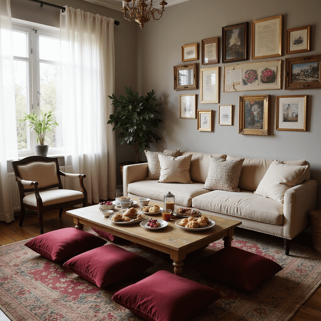 Capturing the Magic: Your Ultimate One-Year Anniversary Celebration Guide A cozy living room set for an intimate anniversary celebration, featuring a low table with a romantic breakfast spread and surrounded by plush floor cushions in jewel tones. Soft morning light filters through sheer curtains, illuminating walls adorned with framed love letters and artistic prints. The scene is captured from a slightly elevated angle, highlighting the layered textures and personal touches.