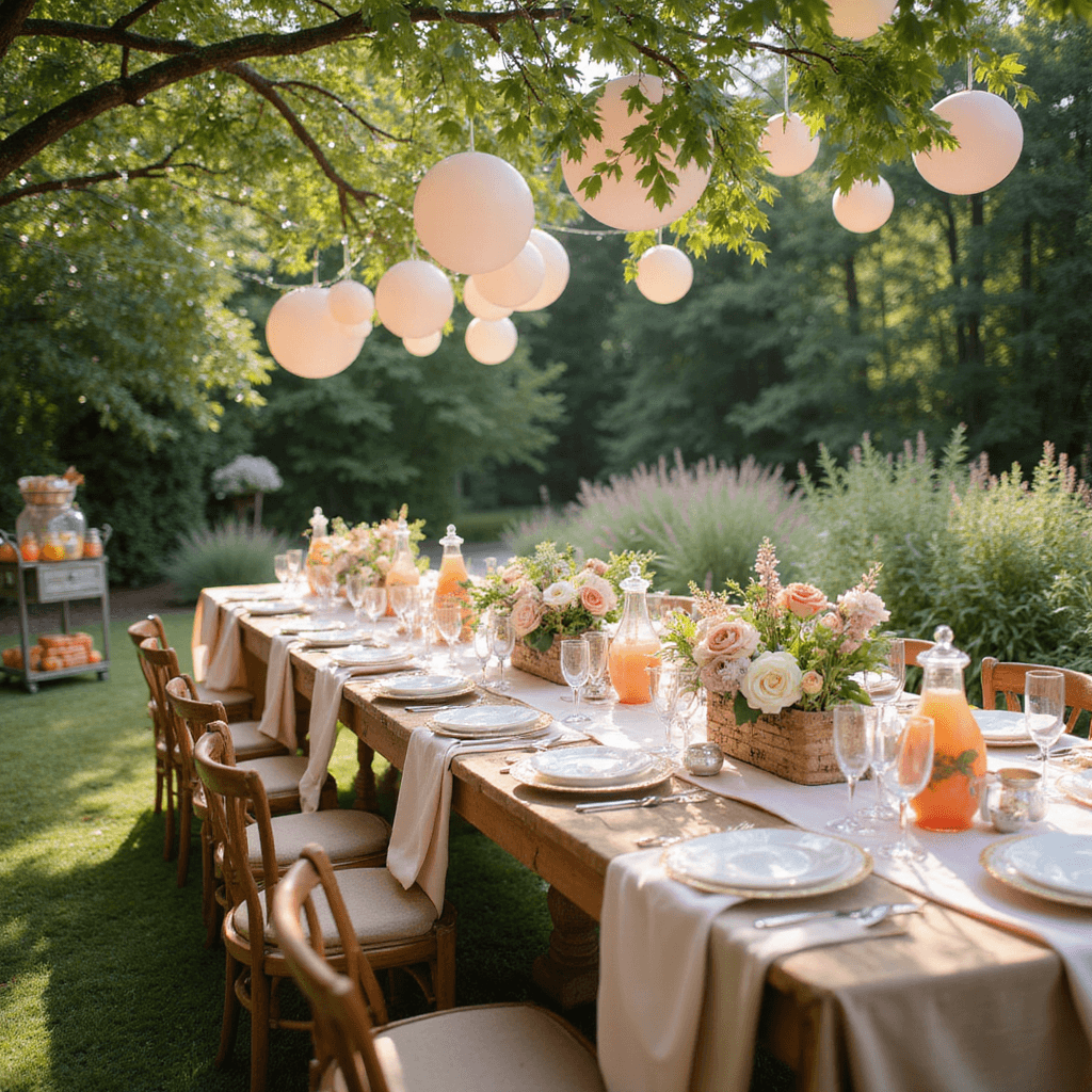 Summer Baby Shower Food: Fresh, Delicious Bites That'll Make Guests Swoon A vibrant summer garden party for a baby shower, featuring a rustic wooden table with blush pink linens, floral centerpieces, gold-rimmed place settings, and a vintage drink cart with colorful fruit-infused mocktails, all under string lights and pastel balloons.
