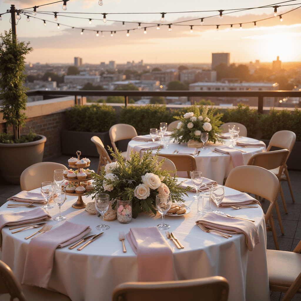 Summer Baby Shower Food: Fresh, Delicious Bites That'll Make Guests Swoon Elegant rooftop terrace at golden hour, set for a baby shower with round tables draped in ivory linens, featuring cascading greenery and white flower centerpieces, rose gold cutlery, and blush napkins, while a dessert station showcases a tiered cake stand with pastel-frosted cupcakes and cookies, all illuminated by soft fairy lights.