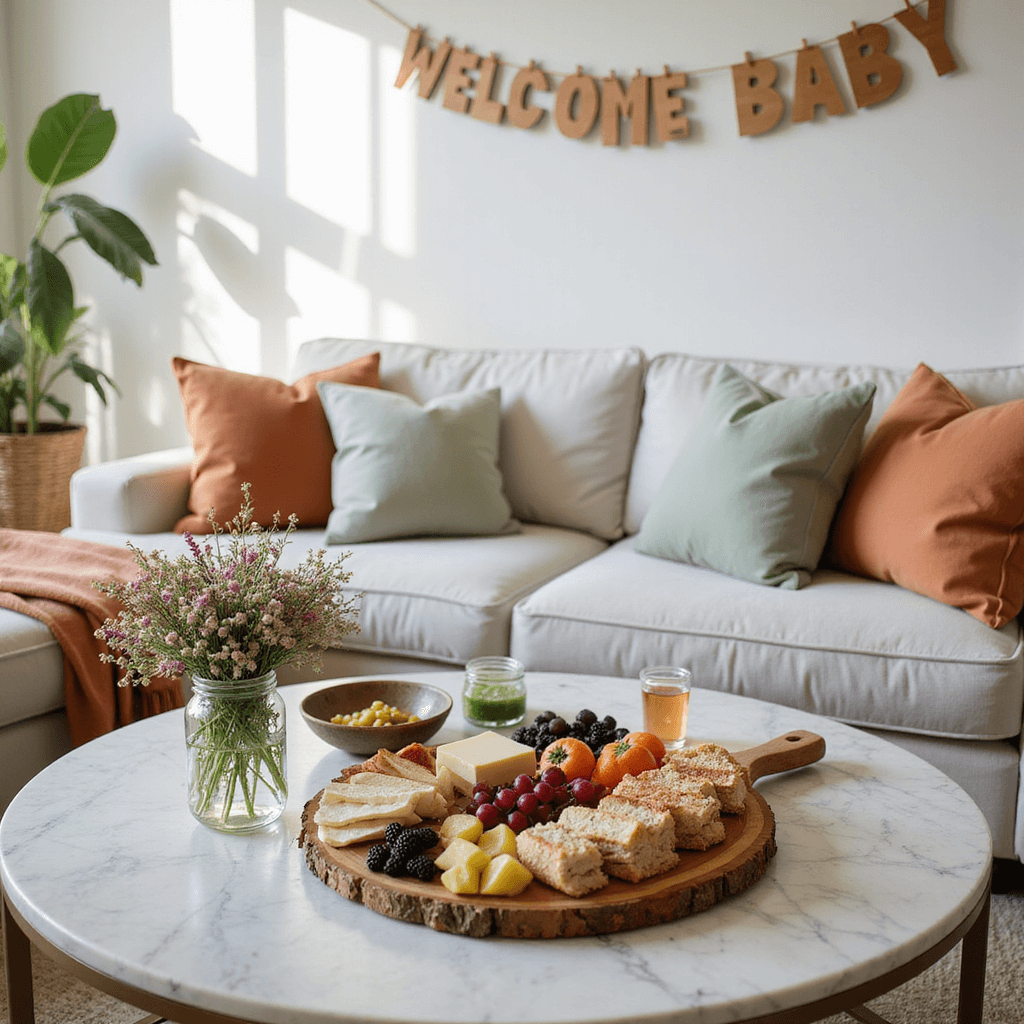 Summer Baby Shower Food: Fresh, Delicious Bites That'll Make Guests Swoon Cozy living room set for an indoor summer baby shower, featuring a marble coffee table with a grazing board of fresh fruits, cheeses, and sandwiches, surrounded by wildflower bouquets in mason jars, scattered throw pillows, and a 'Welcome Baby' banner, all illuminated by soft afternoon light.