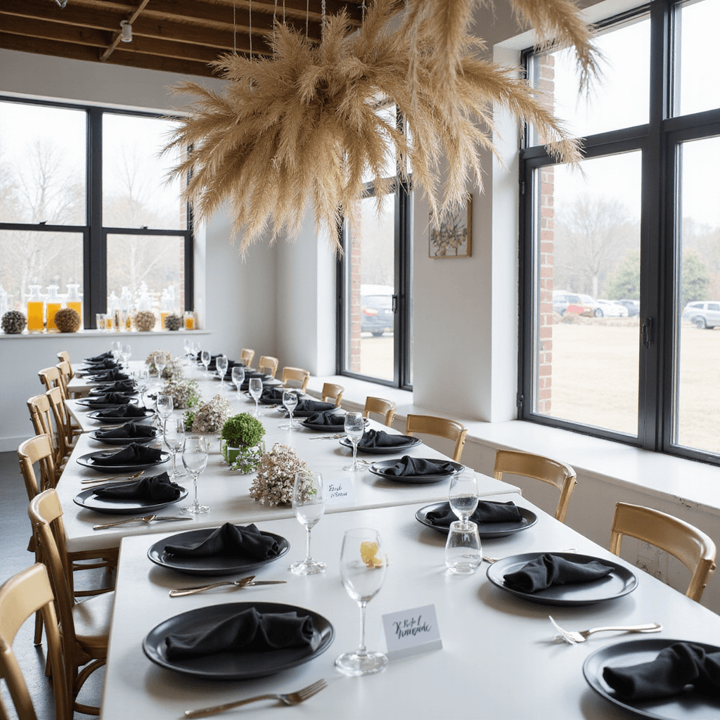 Summer Baby Shower Food: Fresh, Delicious Bites That'll Make Guests Swoon Minimalist summer baby shower brunch in a chic loft, featuring communal tables with white surfaces and gold chairs, black plate settings, pampas grass installation, and a stylish mimosa bar, all illuminated by natural light.