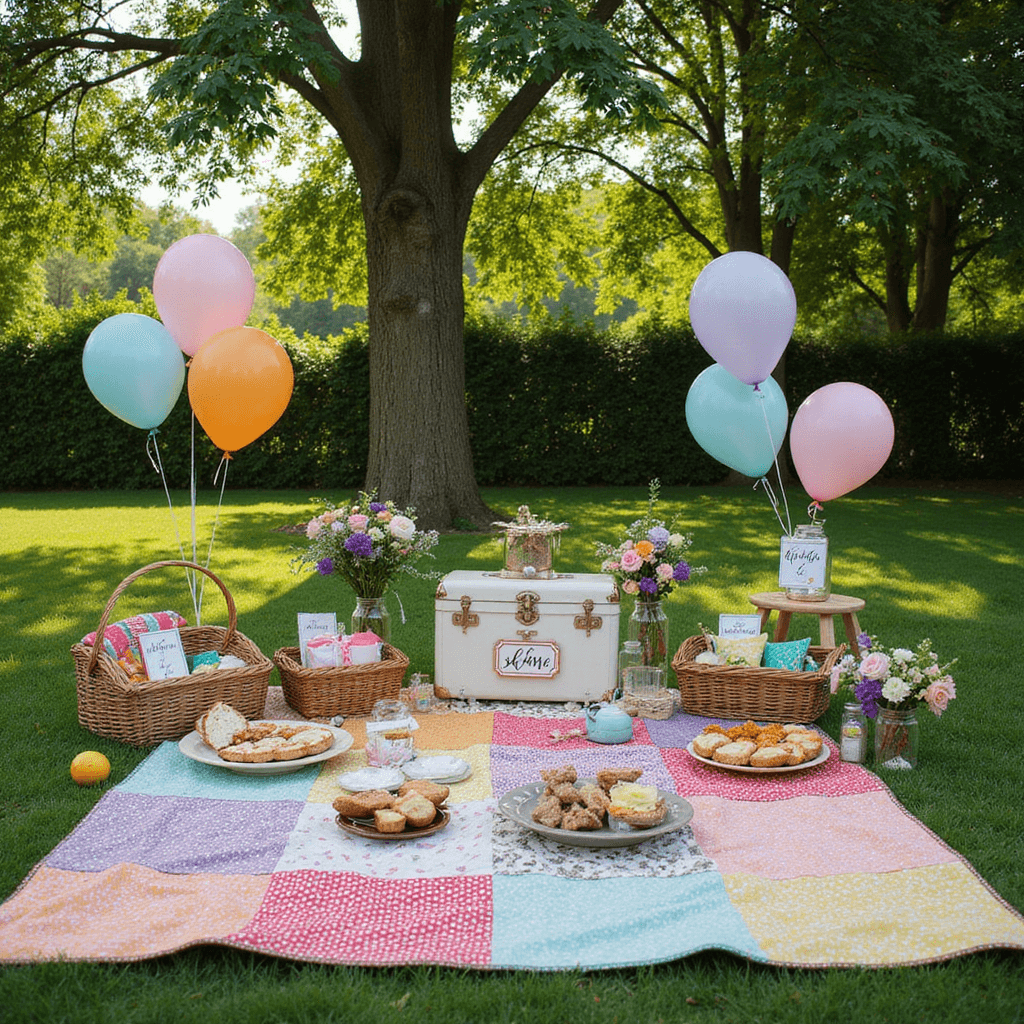 Summer Baby Shower Food: Fresh, Delicious Bites That'll Make Guests Swoon A whimsical baby shower picnic in a backyard, featuring colorful quilts on grass, wicker baskets of gourmet food, mason jars with wildflowers, a vintage suitcase gift table, scattered lawn games, oversized balloons, and dappled sunlight filtering through trees.