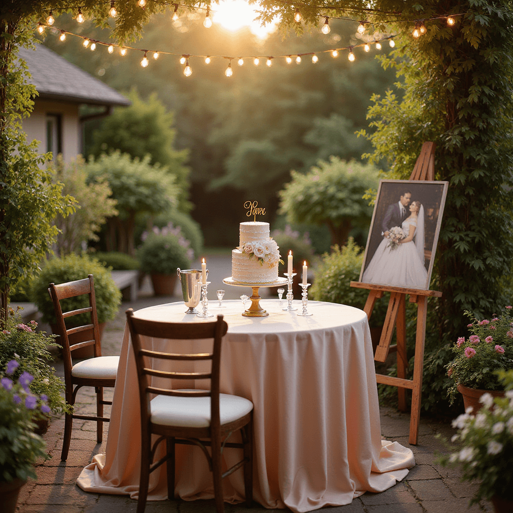 1st Anniversary Cake: A Sweet Celebration of Love's First Chapter A sunlit garden terrace set for a romantic first anniversary, featuring a blush silk-draped table with a miniature wedding cake, vintage chairs, flickering candlelight, fairy lights overhead, lush greenery, pastel flowers, and a wedding photo on an easel. A champagne bucket is nearby for toasting.