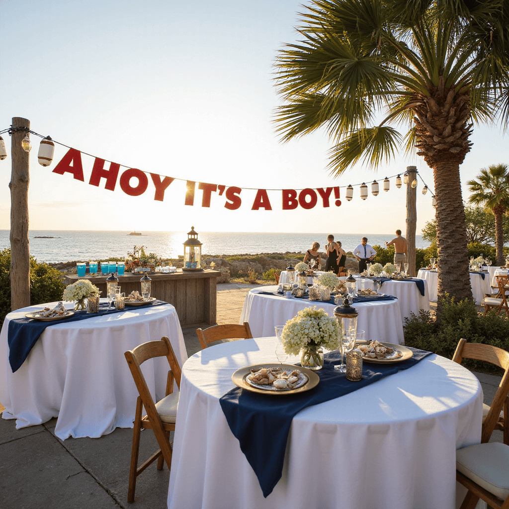 Summer Baby Shower Ideas for Boys: Cute Themes That'll Make Memories Shine! A beautifully decorated nautical-themed baby shower on a beachfront terrace, featuring round tables with white linens and navy blue runners, centerpiece decorations of miniature lighthouses and seashells, a 'Ahoy, It's a Boy!' banner, and a rustic wooden bar serving blue punch, all under soft golden hour light with the ocean in the background.