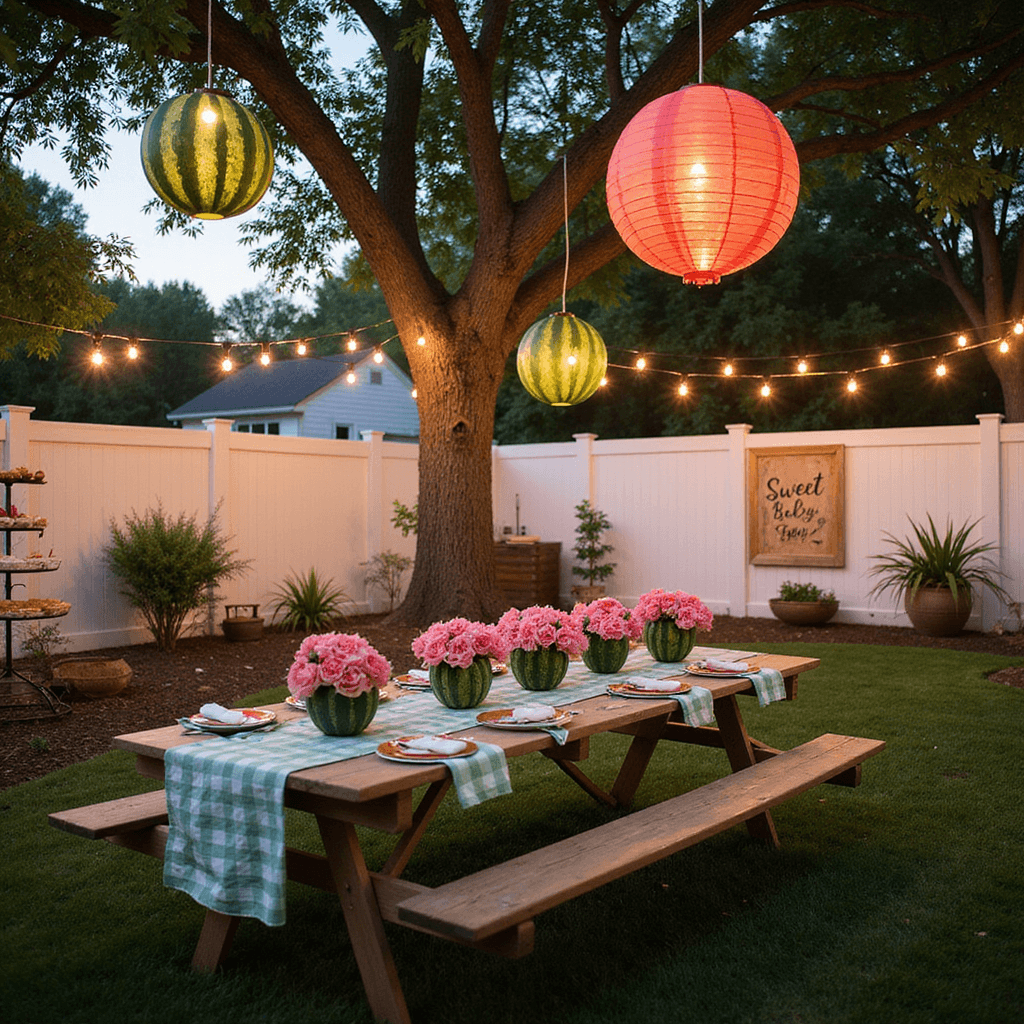 Summer Baby Shower Ideas for Boys: Cute Themes That'll Make Memories Shine! An enchanting backyard transformed into a whimsical Watermelon Wonderland for a summer baby shower, featuring a green gingham picnic table adorned with pink floral arrangements in hollowed-out watermelon rinds, oversized watermelon-shaped lanterns hanging above, a tiered display of watermelon-themed treats, and a 'Sweet Baby Boy' sign on a white fence, all illuminated by twinkling fairy lights as guests enjoy fresh watermelon slices in the evening glow.