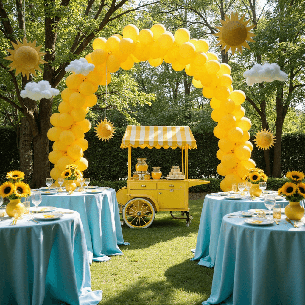 Summer Baby Shower Ideas for Boys: Cute Themes That'll Make Memories Shine! A sun-filled garden party setup for a 'Here Comes the Son' themed baby shower featuring a yellow balloon arch, round tables with sky blue linens and sunflower centerpieces, a vintage lemonade cart, and hanging paper suns and clouds, all under dappled sunlight.