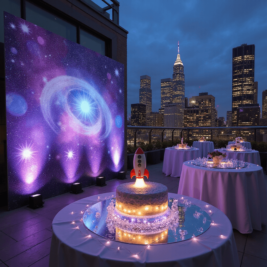 Summer Baby Shower Ideas for Boys: Cute Themes That'll Make Memories Shine! An urban rooftop terrace at dusk, featuring a galaxy-themed baby shower with a city skyline in the background. It includes swirling purple and blue decorations, white highboy tables with planet centerpieces, a grand rocket ship cake on a mirrored platform, and twinkling LED lights, creating a contrasting cosmic ambiance.