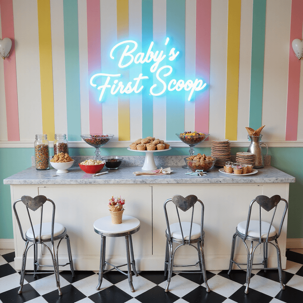 Summer Baby Shower Ideas for Boys: Cute Themes That'll Make Memories Shine! A vintage ice cream parlor decorated for a baby shower, featuring a marble-topped counter filled with colorful toppings in glass bowls, waffle cones, and shiny scoops, surrounded by retro metal chairs and small tables with ice cream cone bouquets, and a neon sign reading 'Baby's First Scoop.'