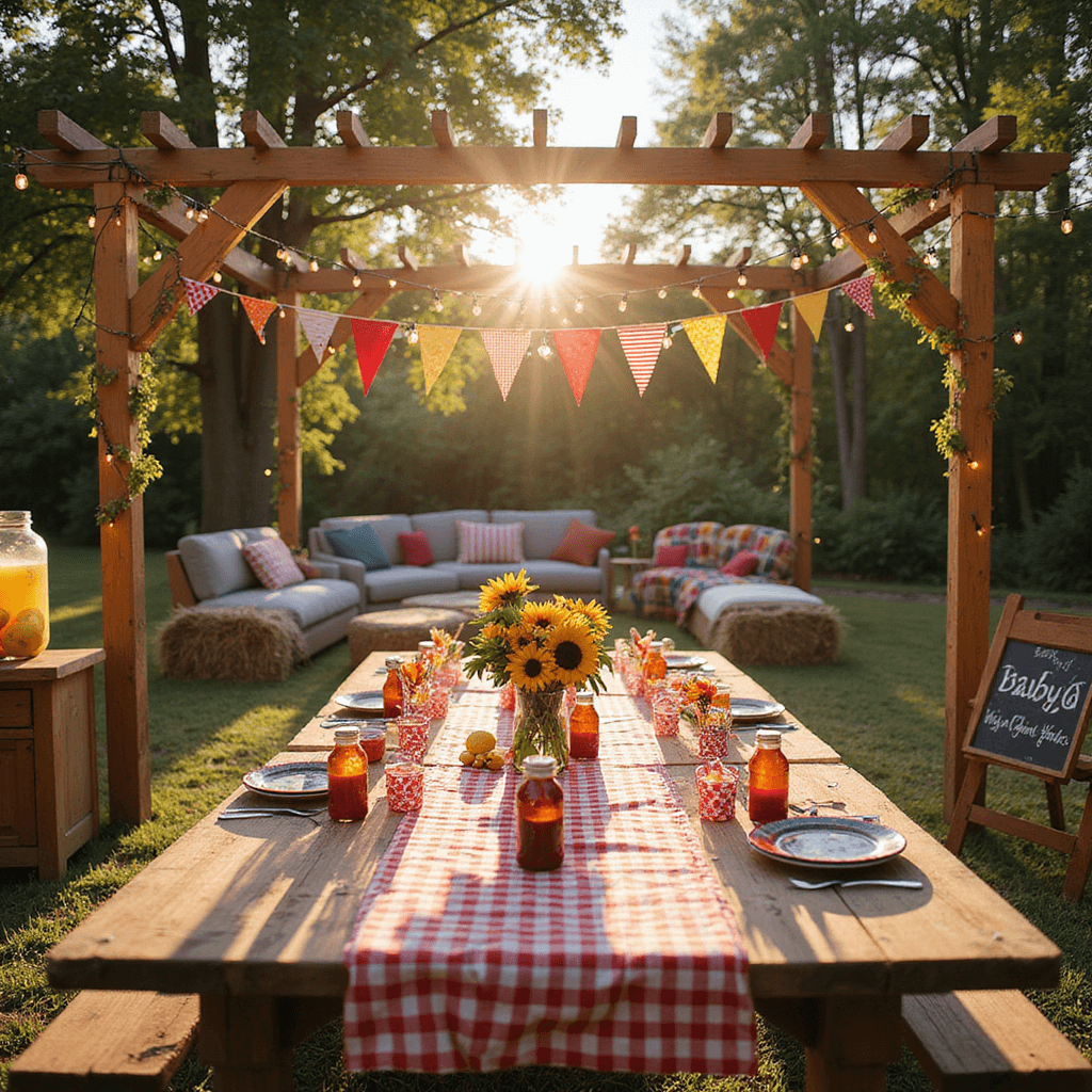 Summer Baby Shower Magic: The Ultimate Guide to Stunning Theme & Design A sunlit backyard transformed for a 'Baby-Q' celebration, featuring a rustic pergola draped in fairy lights, a long farmhouse table with red and white checkered linens and sunflower centerpieces, a vintage lemonade stand, and casual seating with hay bale sofas and colorful quilts, all illuminated by overhead market lights and golden hour sun.