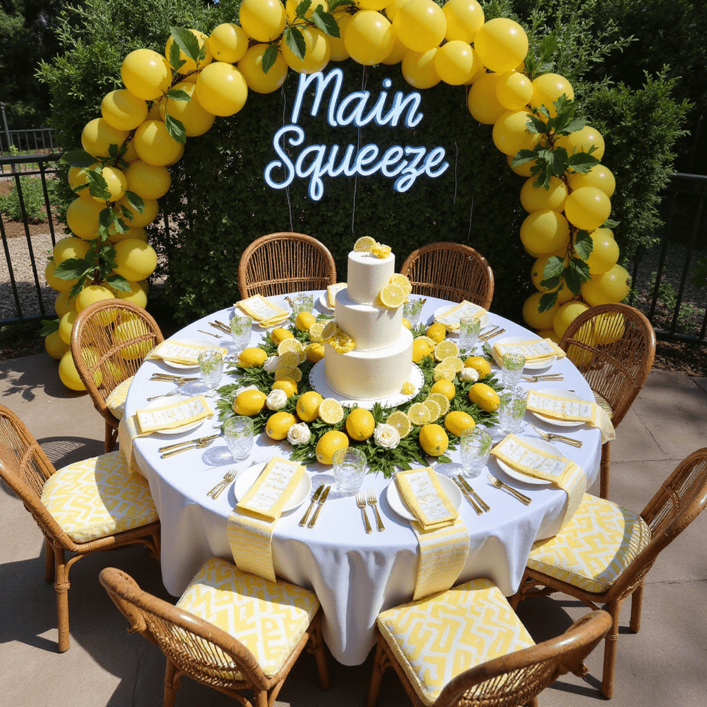 Summer Baby Shower Magic: The Ultimate Guide to Stunning Theme & Design Overhead view of a lemon-themed baby shower on a sunny patio featuring a circular table with a white linen, rattan chairs with lemon-print cushions, an ombre runner made of fresh lemons, and a three-tiered white cake with candied lemon slices, complemented by a neon 'Main Squeeze' sign and yellow balloons.