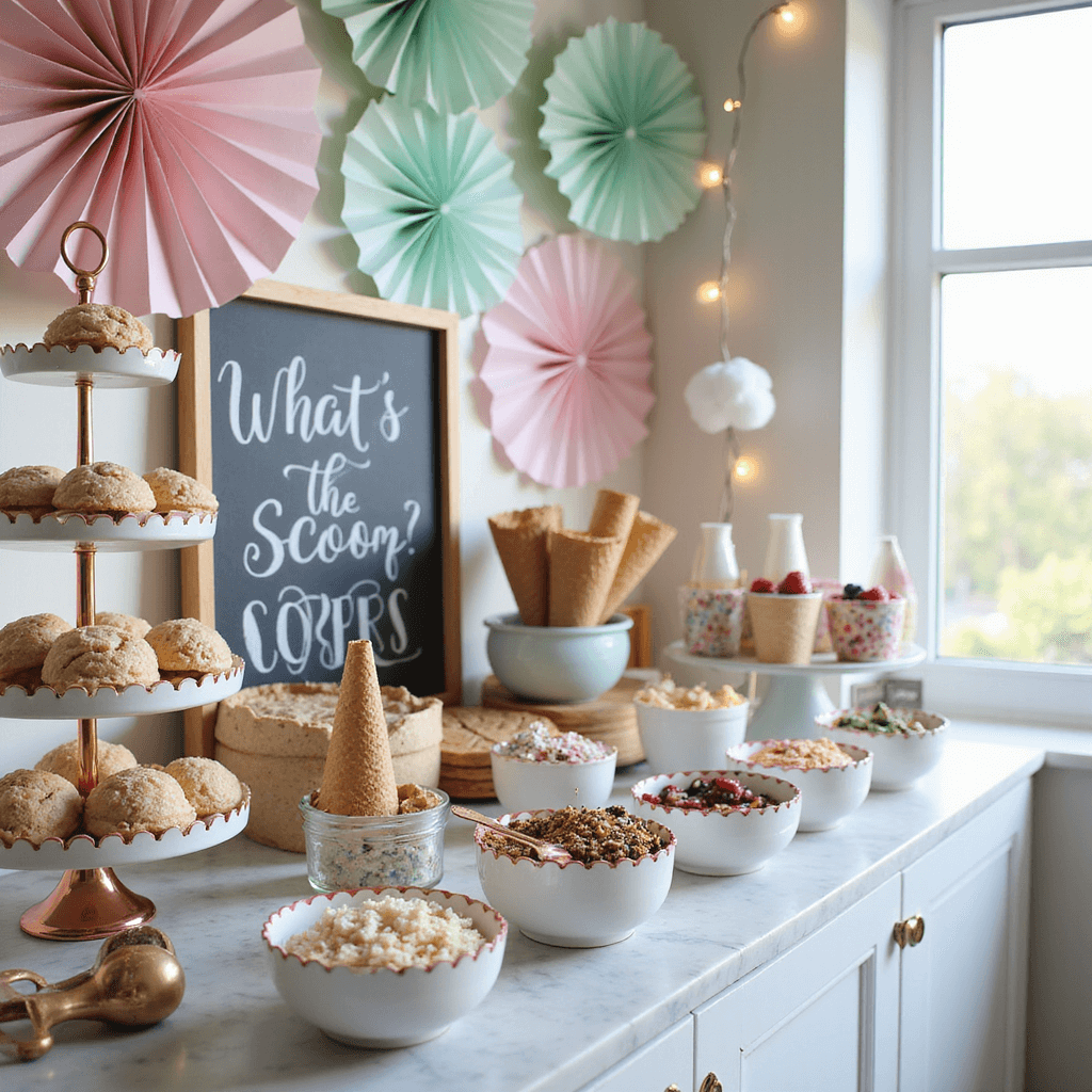 Summer Baby Shower Magic: The Ultimate Guide to Stunning Theme & Design Close-up detail of an elegant 'Ice Cream Social' dessert station with pastel hues, featuring glass bowls of sprinkles and toppings on a marble countertop, vintage ice cream scoops, scalloped paper cups, homemade waffle cones on a tiered stand, a whimsical 'What's the Scoop?' sign, and delicate paper fans, all illuminated by natural light.