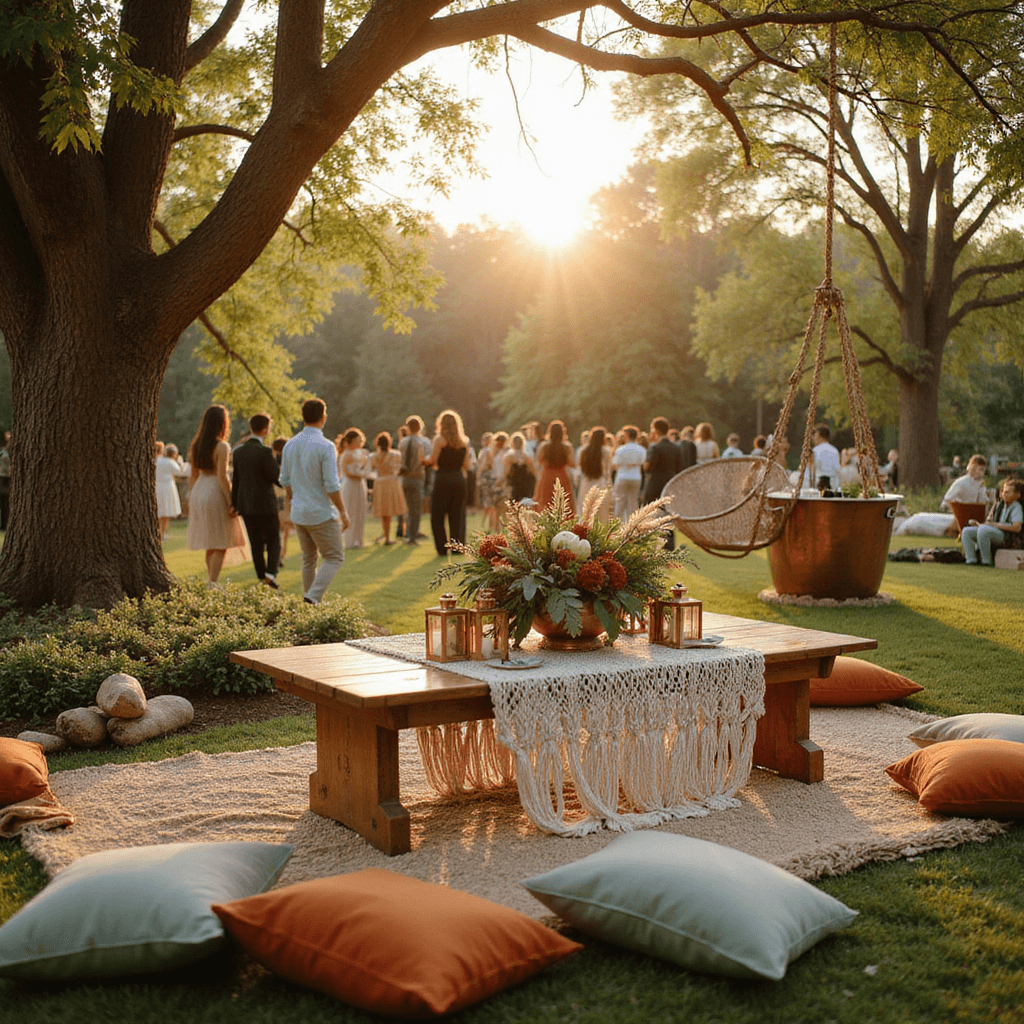 Summer Baby Shower Magic: The Ultimate Guide to Stunning Theme & Design A serene summer baby shower in a lush garden at golden hour, featuring a boho-inspired low table with plush floor cushions, adorned with a macramé runner and centerpieces of pampas grass. Guests enjoy refreshments from a copper bathtub drink station, while hanging rattan chairs sway gently among the trees, all illuminated by warm sunset light.