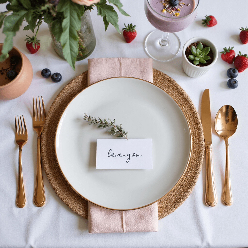 Summer Baby Shower Magic: The Ultimate Guide to Stunning Theme & Design Flat lay of an elegantly styled summer baby shower brunch place setting featuring a rattan charger, blush pink linen napkin, gold-rimmed ceramic plate, rose gold cutlery on lavender, hand-lettered place card, mini potted succulent, fresh berries, floral centerpiece, and a champagne flute with a pastel purple smoothie and edible flowers, all highlighted by soft natural light.