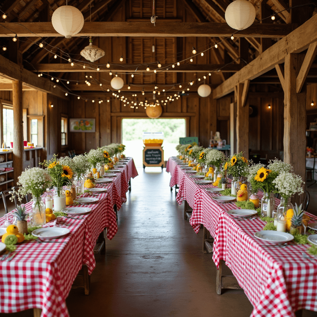 Summer Baby Shower Ideas: Sizzling Celebrations for Mom-to-Be Overhead view of a rustic barn Baby-Q themed shower with farmhouse tables in red and white gingham, mason jar centerpieces with sunflowers, chicken-themed decorations, a vintage lemonade stand, colorful favor boxes in wooden crates, and string lights illuminating the festive setting.