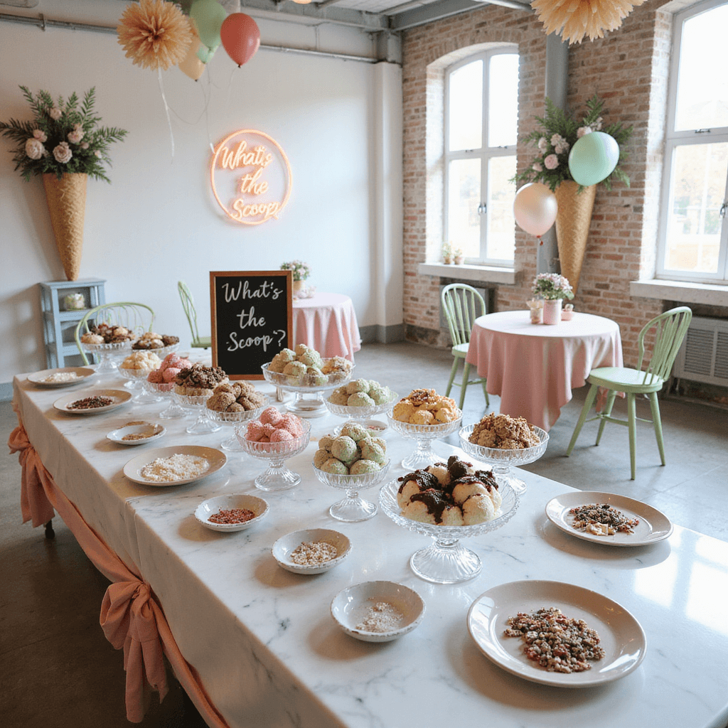Summer Baby Shower Ideas: Sizzling Celebrations for Mom-to-Be A dreamy baby shower in a modern loft featuring a DIY sundae bar with marble countertops, silver scoops, colorful toppings in crystal bowls, and pastel cake stands displaying artisanal ice cream. The decor includes blush pink and mint green linens, balloon bouquets, delicate paper flowers, vintage ice cream parlor chairs, and a neon ice cream cone sign, with a chalkboard hinting at a gender reveal.