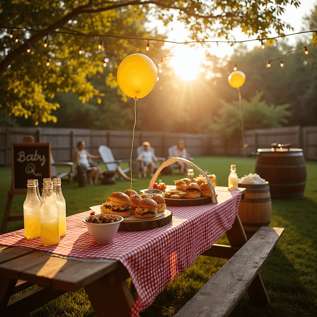 Summer Baby Shower Ideas: A Refreshing Celebration of New Life A sunlit backyard featuring a rustic picnic table with a red gingham tablecloth, filled with grilled sliders and corn on the cob, under soft fairy lights. A vintage barrel holds bottles of homemade lemonade, while chicken-shaped balloons float nearby and a chalkboard sign reads 'Baby-Q'. Guests enjoy the atmosphere in Adirondack chairs as laughter and the sound of grilling fill the air.