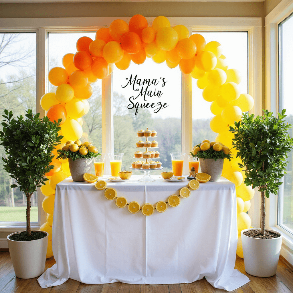Summer Baby Shower Ideas: A Refreshing Celebration of New Life A bright sunroom featuring a dessert table adorned with a balloon arch in yellow and orange ombré, showcasing lemon-frosted cupcakes on a tiered stand, glass pitchers of orange juice, potted lemon trees, a modern 'Mama's Main Squeeze' sign, and citrus slice garlands on a white tablecloth.