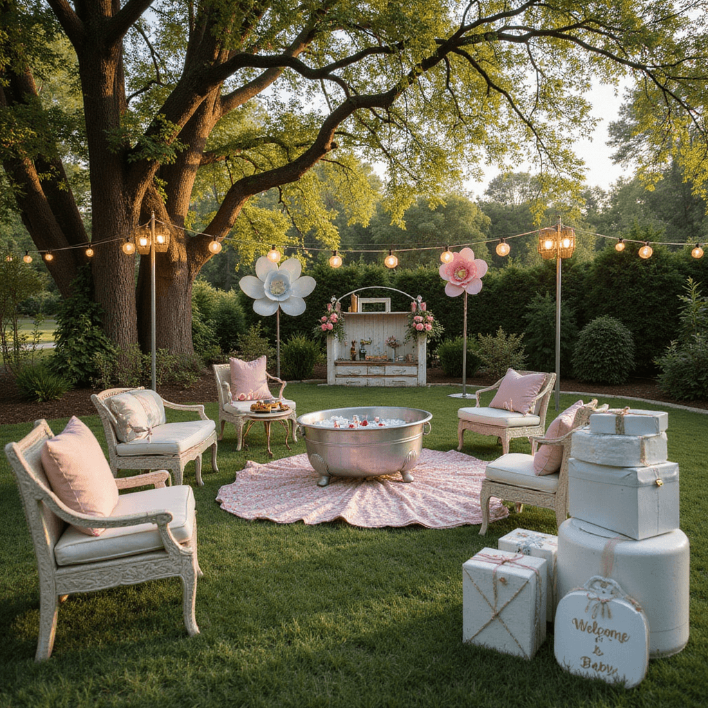 Summer Baby Shower Ideas: A Refreshing Celebration of New Life A vibrant summer baby shower set in a lush garden, featuring picnic blankets, wrought-iron bistro seating, a vintage clawfoot tub as a hydration station, oversized pastel paper flowers, and string lights hanging from trees, with a gift table displaying a 'Welcome Baby' moss letter sign in the foreground.