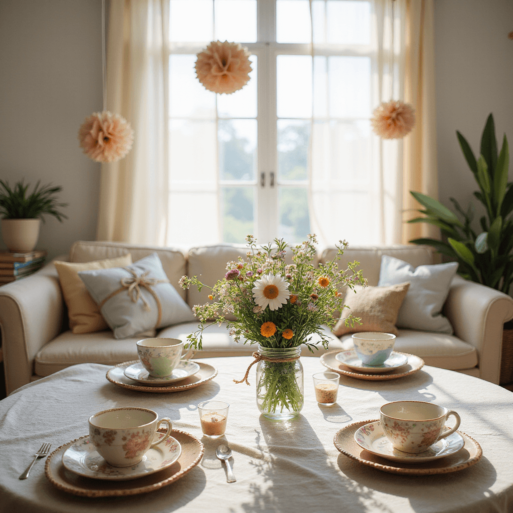 Summer Baby Shower Ideas: A Refreshing Celebration of New Life A cozy living room baby shower setup featuring mismatched pastel teacups, a wildflower centerpiece in a mason jar, DIY tissue paper pom-poms, a stack of children's books as a guest book, and handmade favor bags in a woven basket, all illuminated by soft sunlight.