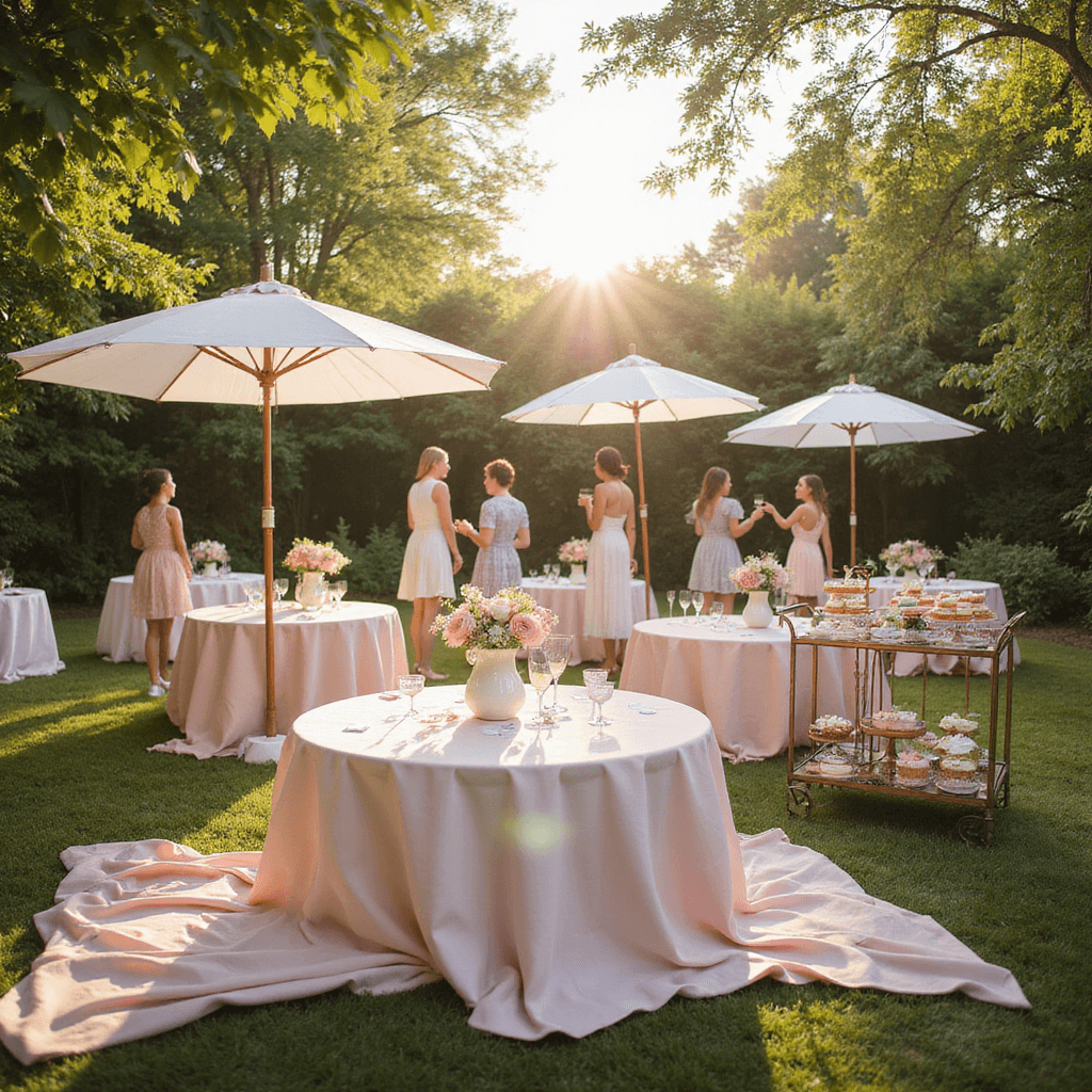 Summer Baby Shower Outfit Ideas: What to Wear as a Guest A beautifully arranged baby shower in a sunlit garden, featuring round tables with blush pink linens and vintage milk glass vases filled with pastel blooms, a dessert cart with colorful treats, and guests enjoying drinks under white umbrellas in a warm, golden hour light.