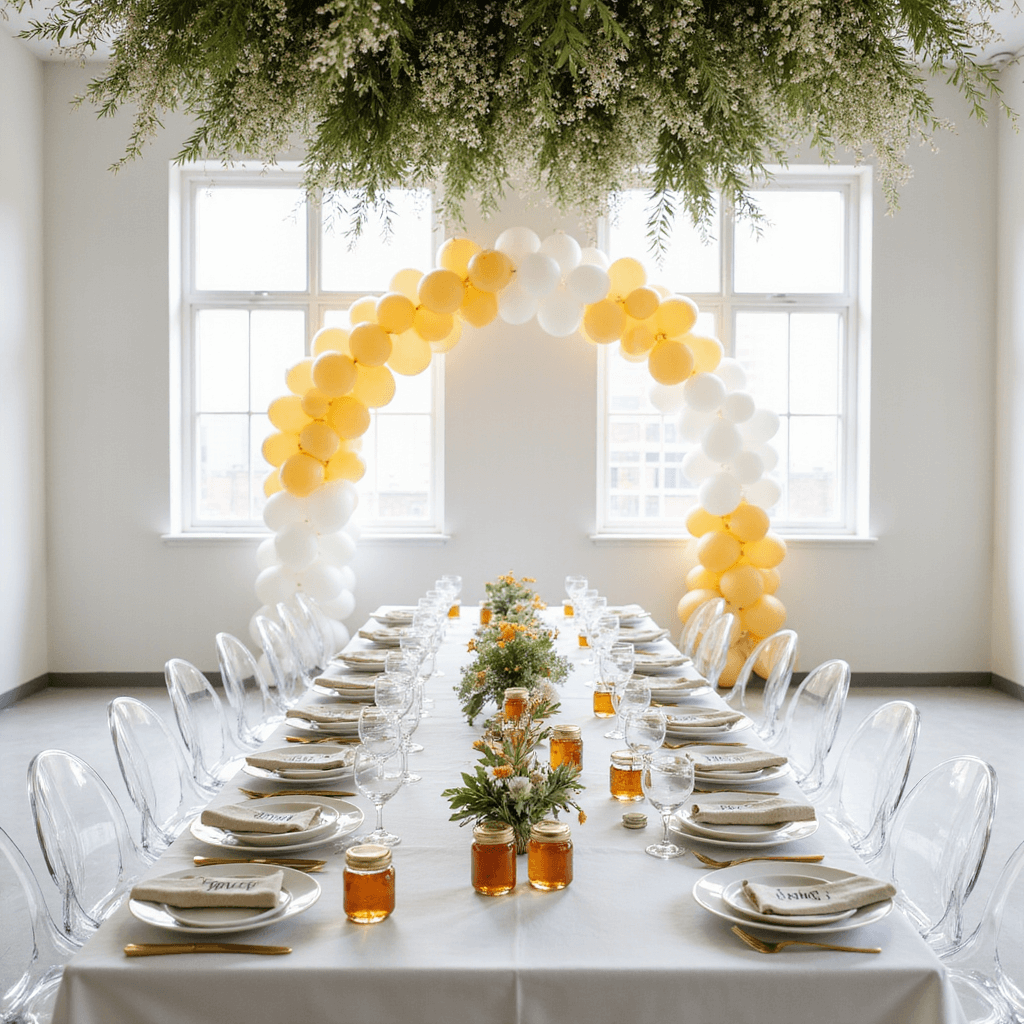 Summer Baby Shower Outfit Ideas: What to Wear as a Guest A chic baby shower setup in a modern, sunlit loft featuring a long communal table with matte white plates, gold cutlery, and personalized honey jar favors. Overhead, a canopy of baby's breath and pampas grass hangs elegantly, while a statement balloon arch in ombré shades of white to butter yellow frames a gift display. Sleek acrylic ghost chairs complete the minimalist decor.