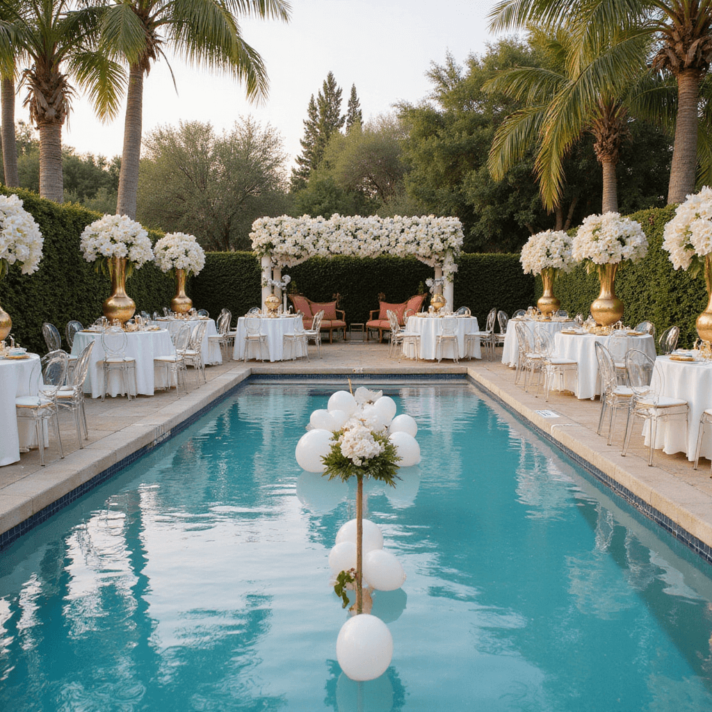 Summer Baby Shower Outfit Ideas: What to Wear as a Guest An elegant poolside baby shower at a luxurious estate with swaying palm trees and vibrant bougainvillea, featuring an aquamarine pool, white and gold color scheme, coral accents, Lucite ghost chairs, tall floral arrangements of white orchids and peonies in gold vases, a floating display of white balloons and greenery, servers with champagne and canapés, and a live harpist, all illuminated by golden hour lighting.