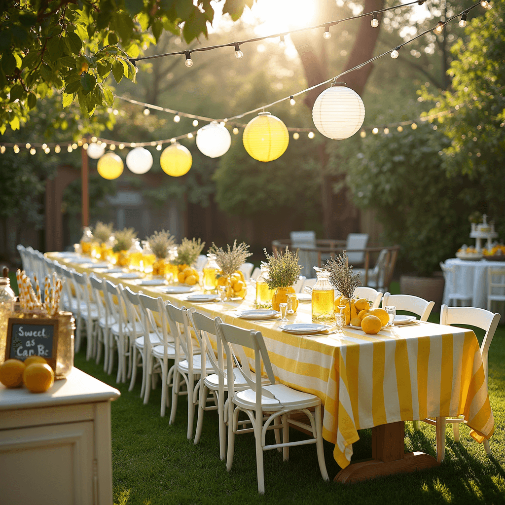 Summer Baby Shower: The Ultimate Guide to Creating Magical Memories A sunlit backyard baby shower with a 'Lemon Burst' theme featuring a long farmhouse table with a yellow and white striped tablecloth, surrounded by mismatched white chairs. Centerpieces include glass pitchers of fresh lemons and lavender. String lights and paper lanterns create a warm glow overhead. In the foreground, a vintage lemonade stand with mason jars, striped paper straws, and a 'Sweet as Can Be' sign, with soft light filtering through lemon trees.