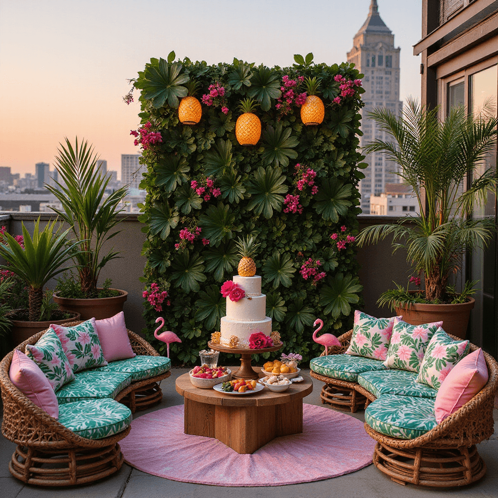 Summer Baby Shower: The Ultimate Guide to Creating Magical Memories A rooftop terrace baby shower setup featuring low rattan furniture with palm leaf print cushions, a backdrop of monstera leaves and pink bougainvillea flowers, pineapple-shaped lanterns, flamingo figurines, and a dessert table with a tiered coconut cake and tropical fruit, all illuminated by soft pink uplighting at golden hour against the city skyline.
