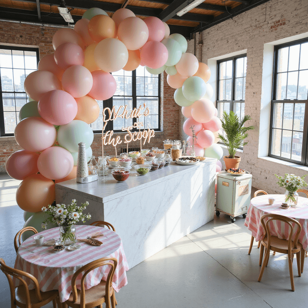 Summer Baby Shower: The Ultimate Guide to Creating Magical Memories An overhead view of a light-filled modern loft baby shower featuring an ice cream bar on a marble island, surrounded by bistro tables with pastel linens and daisies, and a balloon arch framing a neon sign, with vintage chairs and a retro freezer cart enhancing the whimsical atmosphere.