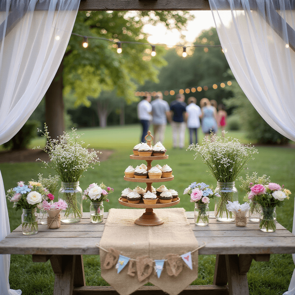 Summer Baby Shower: The Ultimate Guide to Creating Magical Memories A close-up of a charming dessert table at a DIY summer baby shower, featuring a burlap runner, mason jars with wildflowers, homemade cupcakes with fondant butterflies, and handmade decorations under a wooden pergola draped in white fabric, with a soft bokeh effect of string lights and guests in the background.