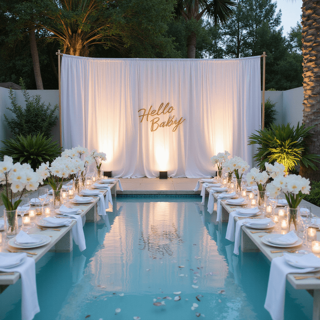 Summer Baby Shower: The Ultimate Guide to Creating Magical Memories An elegant baby shower setup by the pool at dusk, featuring long acrylic tables with white linens, gold cutlery, white orchids in tall vases, floating candles and petals in the pool, a backdrop of sheer drapes, and a 'Hello Baby' sign in gold script.