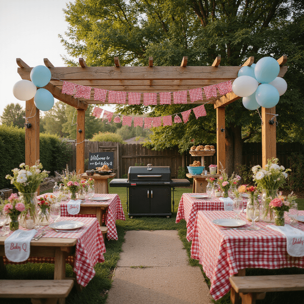 10 Sizzling Summer Baby Shower Themes That'll Make Guests Swoon Sun-drenched backyard featuring a rustic wooden pergola with twinkle lights and gingham bunting, picnic tables with red and white checkered tablecloths, mason jars of wildflowers, and personalized 'Baby-Q' bibs. A vintage BBQ grill and DIY burger bar with miniature sliders. A chalkboard sign reads 'Welcome to Our Baby-Q', surrounded by balloons in sky blue and cloud white, all bathed in soft golden hour lighting.