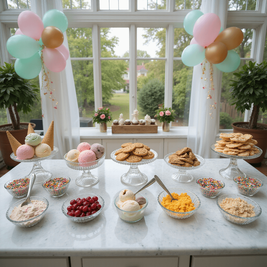 10 Sizzling Summer Baby Shower Themes That'll Make Guests Swoon An overhead view of a vibrant ice cream sundae bar in a conservatory, featuring a marble-topped island with pastel ice cream, sparkling toppings in crystal compotes, and decorative cookies on glass stands, set against a soft-focus background of gauzy curtains and colorful balloon garlands.