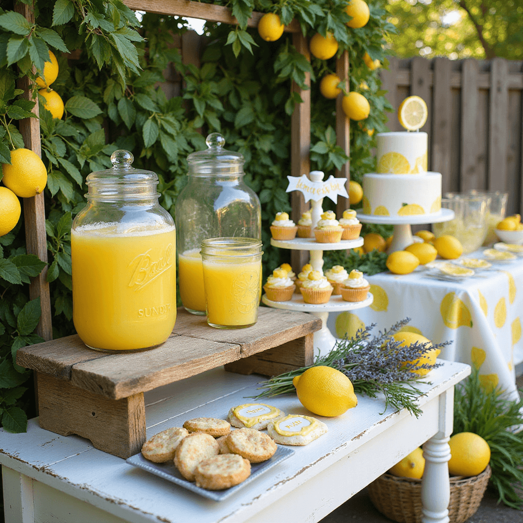 10 Sizzling Summer Baby Shower Themes That'll Make Guests Swoon A close-up of a rustic lemonade stand featuring bright yellow lemons, mason jar dispensers of fresh lemonade, lemon-themed cupcakes and cookies on a tiered cake stand, surrounded by lush greenery and lavender sprigs, with a decorated dessert table in the background.