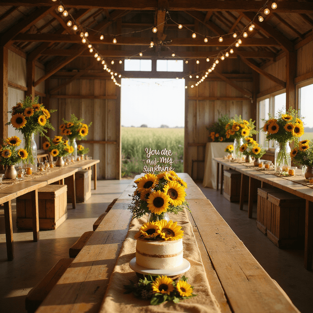 10 Sizzling Summer Baby Shower Themes That'll Make Guests Swoon A rustic barn interior decorated for a 'Sunflower Field Fiesta', featuring warm Edison bulbs, burlap-dressed farmhouse tables with mason jar centerpieces, towering sunflower arrangements, a naked cake with sunflowers, and a photo booth area with a flower crown station.