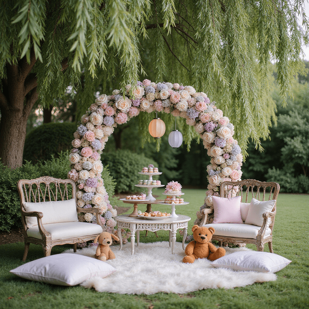 10 Sizzling Summer Baby Shower Themes That'll Make Guests Swoon A whimsical garden party scene featuring a cozy seating area under a weeping willow, adorned with paper lanterns. Vintage tables display pastel macarons and flower-topped cupcakes, while a vibrant floral backdrop in soft pinks, lavenders, and creams enhances the ambiance. In the foreground, a low table with plush cushions invites storytelling with classic children's books and stuffed animals.