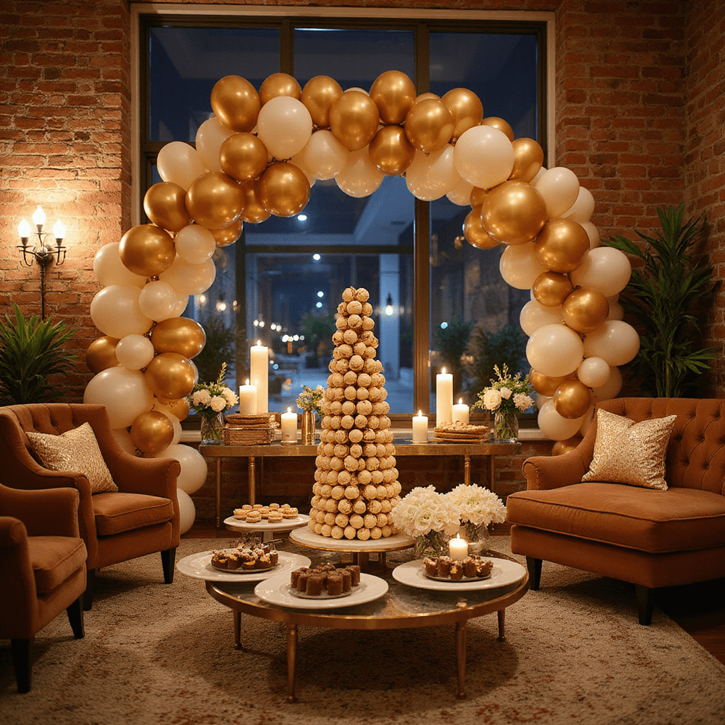 Anniversary Scrapbook: A Love Story Captured in Pages A cozy living room decorated for a milestone birthday, featuring warm candlelight, exposed brick walls, a gold and ivory balloon arch, a styled gift table, velvet armchairs, pillar candles on mirrored trays, and a dessert display with a macaron tower and artisanal chocolates.
