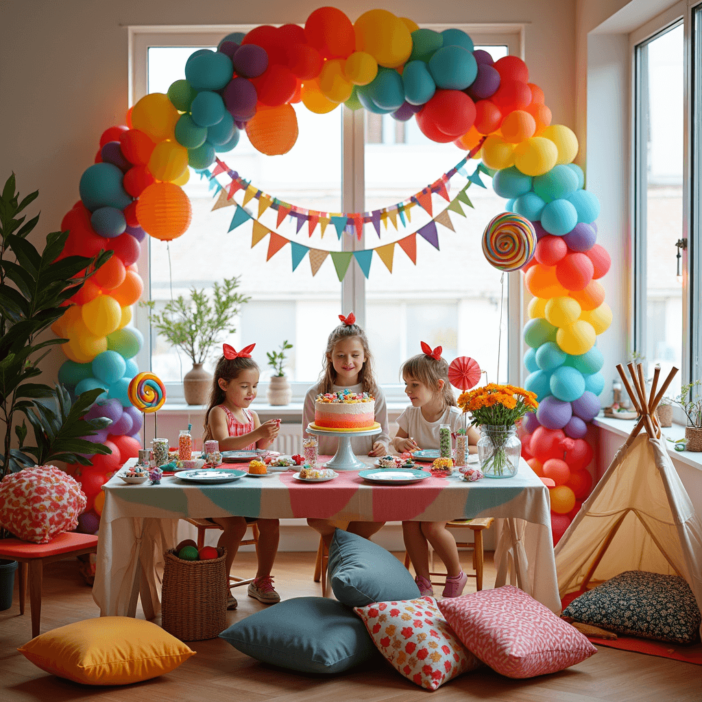 Anniversary Scrapbook: A Love Story Captured in Pages An eclectic children's birthday party in a modern apartment, featuring a rainbow balloon arch, colorful streamers, playful centerpieces, a DIY crafting station, a dessert table with a topsy-turvy cake, and plush floor pillows for seating.